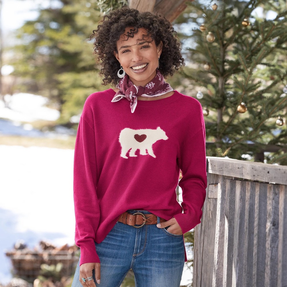 Sundance Pink Wool Blend Polar Bear Heart Intarsia Sweater Small Fuchsia Winter